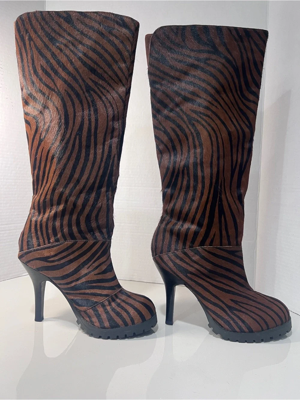 Envy Crackalackin 6.5 Zebra Hair-On Leather Knee High Stiletto Boots Y2K